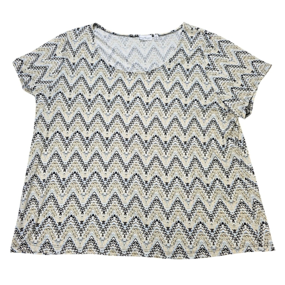 Kim Rogers Top Woman's Size 3X Black Tan White Blue Chevron Zigzag Short Sleeve
